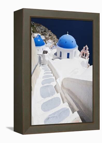 Church with Blue Dome with View of the Aegean Sea, Oia, Santorini, Cyclades, Greek Islands-Markus Lange-Framed Premier Image Canvas