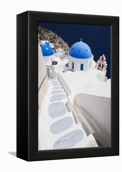 Church with Blue Dome with View of the Aegean Sea, Oia, Santorini, Cyclades, Greek Islands-Markus Lange-Framed Premier Image Canvas