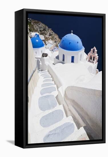 Church with Blue Dome with View of the Aegean Sea, Oia, Santorini, Cyclades, Greek Islands-Markus Lange-Framed Premier Image Canvas