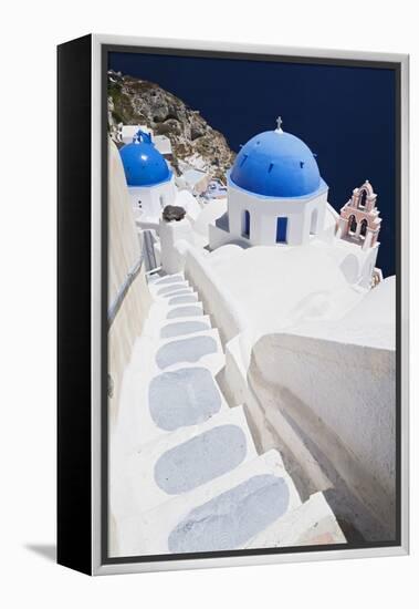 Church with Blue Dome with View of the Aegean Sea, Oia, Santorini, Cyclades, Greek Islands-Markus Lange-Framed Premier Image Canvas