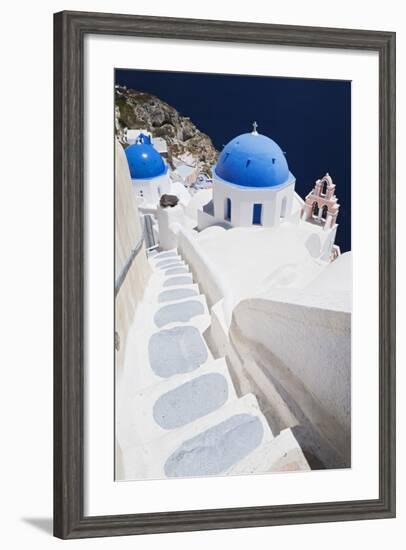 Church with Blue Dome with View of the Aegean Sea, Oia, Santorini, Cyclades, Greek Islands-Markus Lange-Framed Photographic Print