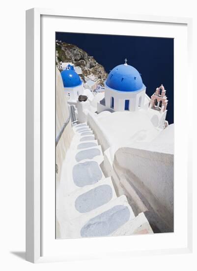 Church with Blue Dome with View of the Aegean Sea, Oia, Santorini, Cyclades, Greek Islands-Markus Lange-Framed Photographic Print