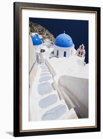 Church with Blue Dome with View of the Aegean Sea, Oia, Santorini, Cyclades, Greek Islands-Markus Lange-Framed Photographic Print