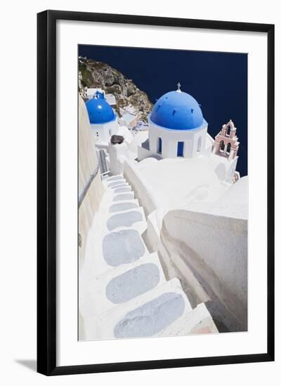 Church with Blue Dome with View of the Aegean Sea, Oia, Santorini, Cyclades, Greek Islands-Markus Lange-Framed Photographic Print