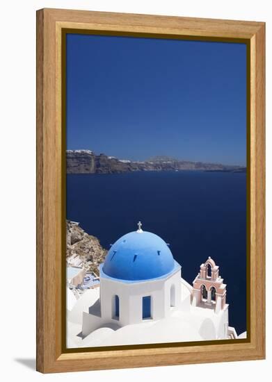 Church with Blue Dome with View of the Aegean Sea, Oia, Santorini, Cyclades, Greek Islands-Markus Lange-Framed Premier Image Canvas