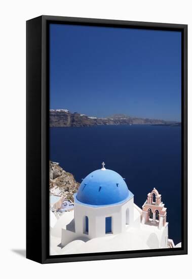 Church with Blue Dome with View of the Aegean Sea, Oia, Santorini, Cyclades, Greek Islands-Markus Lange-Framed Premier Image Canvas