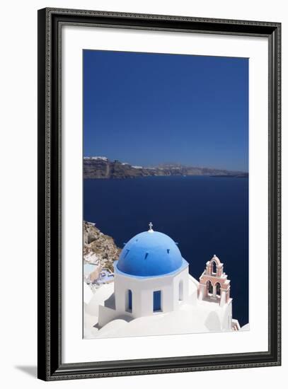 Church with Blue Dome with View of the Aegean Sea, Oia, Santorini, Cyclades, Greek Islands-Markus Lange-Framed Photographic Print