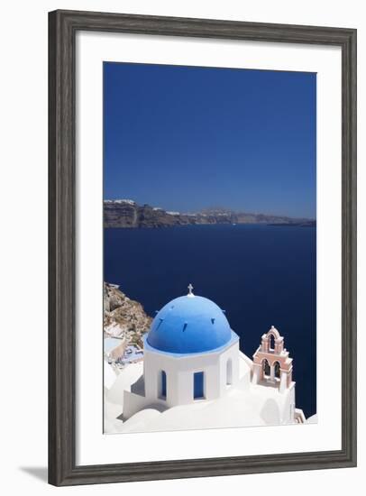 Church with Blue Dome with View of the Aegean Sea, Oia, Santorini, Cyclades, Greek Islands-Markus Lange-Framed Photographic Print