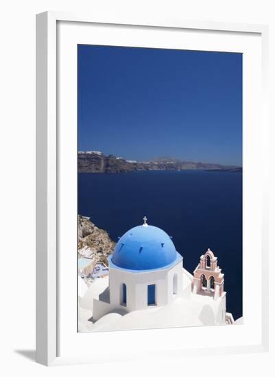 Church with Blue Dome with View of the Aegean Sea, Oia, Santorini, Cyclades, Greek Islands-Markus Lange-Framed Photographic Print