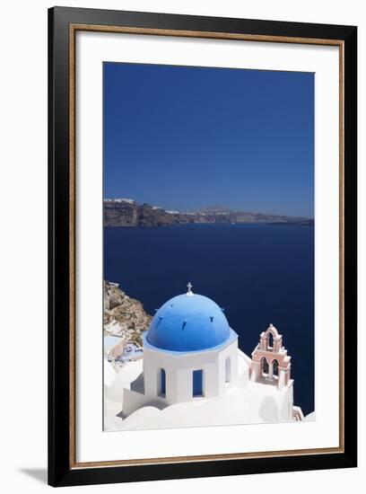 Church with Blue Dome with View of the Aegean Sea, Oia, Santorini, Cyclades, Greek Islands-Markus Lange-Framed Photographic Print