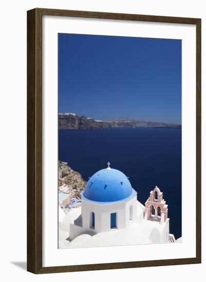 Church with Blue Dome with View of the Aegean Sea, Oia, Santorini, Cyclades, Greek Islands-Markus Lange-Framed Photographic Print