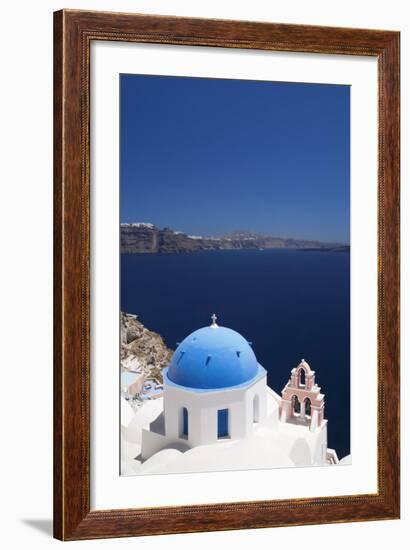 Church with Blue Dome with View of the Aegean Sea, Oia, Santorini, Cyclades, Greek Islands-Markus Lange-Framed Photographic Print