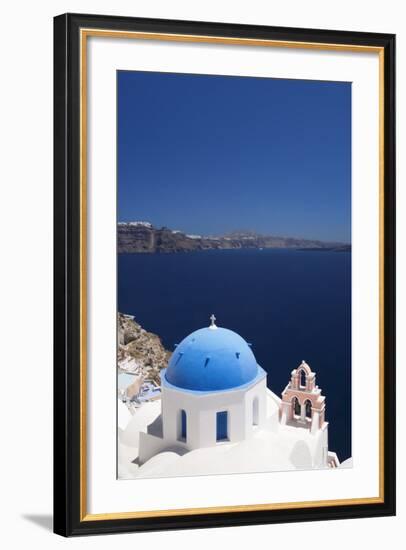 Church with Blue Dome with View of the Aegean Sea, Oia, Santorini, Cyclades, Greek Islands-Markus Lange-Framed Photographic Print