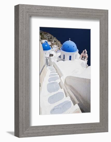 Church with Blue Dome with View of the Aegean Sea, Oia, Santorini, Cyclades, Greek Islands-Markus Lange-Framed Photographic Print