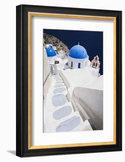 Church with Blue Dome with View of the Aegean Sea, Oia, Santorini, Cyclades, Greek Islands-Markus Lange-Framed Photographic Print