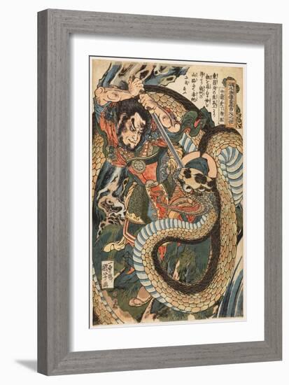 Chusenko Teitokuson (Ding Desun) Attacked by a Snake on a Mountain Path, 1827-30 (Woodblock Print)-Utagawa Kuniyoshi-Framed Giclee Print