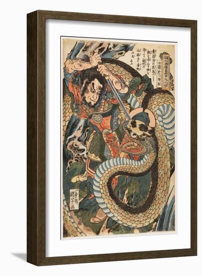 Chusenko Teitokuson (Ding Desun) Attacked by a Snake on a Mountain Path, 1827-30 (Woodblock Print)-Utagawa Kuniyoshi-Framed Giclee Print