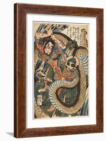 Chusenko Teitokuson (Ding Desun) Attacked by a Snake on a Mountain Path, 1827-30 (Woodblock Print)-Utagawa Kuniyoshi-Framed Giclee Print