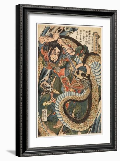 Chusenko Teitokuson (Ding Desun) Attacked by a Snake on a Mountain Path, 1827-30 (Woodblock Print)-Utagawa Kuniyoshi-Framed Giclee Print