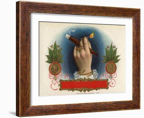 Cigar Box Label with Female Hand Holding a Match-null-Framed Giclee Print