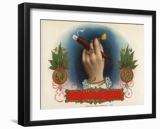 Cigar Box Label with Female Hand Holding a Match-null-Framed Giclee Print