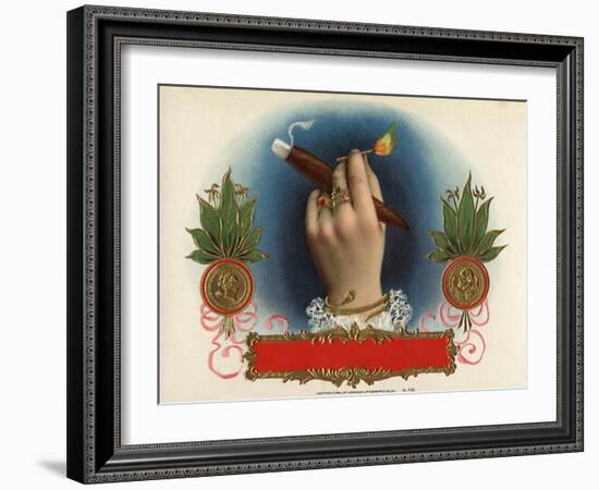 Cigar Box Label with Female Hand Holding a Match-null-Framed Giclee Print