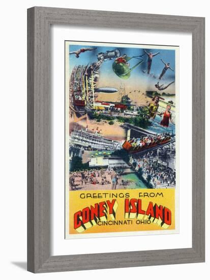 Cincinnati, Ohio - Coney Island Amusement Park Greetings-Lantern Press-Framed Art Print