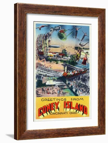 Cincinnati, Ohio - Coney Island Amusement Park Greetings-Lantern Press-Framed Art Print