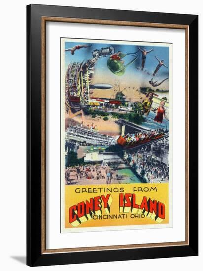 Cincinnati, Ohio - Coney Island Amusement Park Greetings-Lantern Press-Framed Art Print