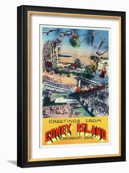 Cincinnati, Ohio - Coney Island Amusement Park Greetings-Lantern Press-Framed Art Print