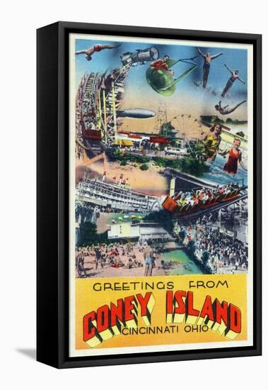 Cincinnati, Ohio - Coney Island Amusement Park Greetings-Lantern Press-Framed Stretched Canvas