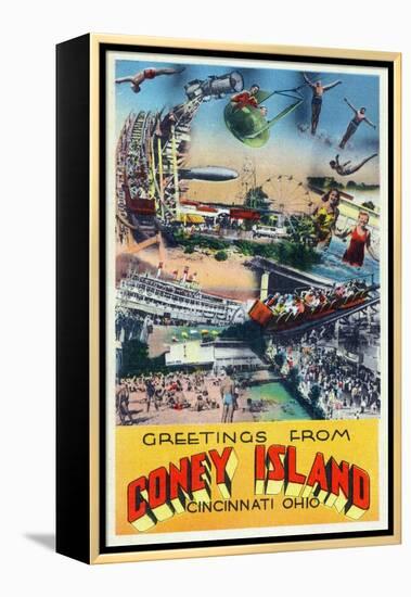 Cincinnati, Ohio - Coney Island Amusement Park Greetings-Lantern Press-Framed Stretched Canvas