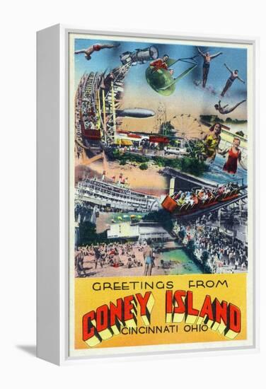 Cincinnati, Ohio - Coney Island Amusement Park Greetings-Lantern Press-Framed Stretched Canvas