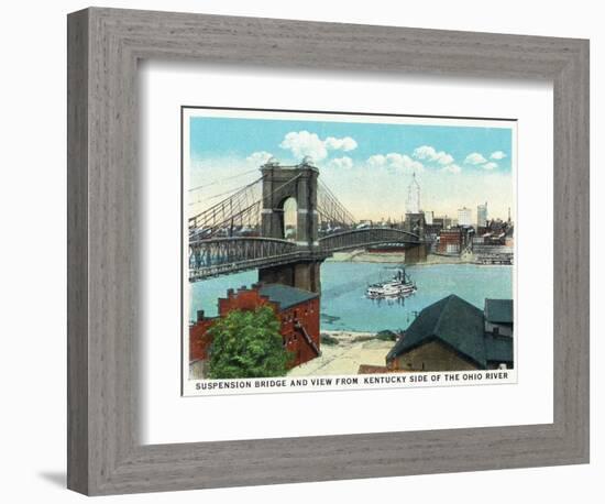 Cincinnati, Ohio - Ohio River, Suspension Bridge View from Kentucky-Lantern Press-Framed Art Print