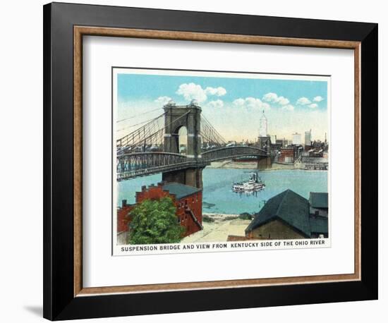 Cincinnati, Ohio - Ohio River, Suspension Bridge View from Kentucky-Lantern Press-Framed Art Print