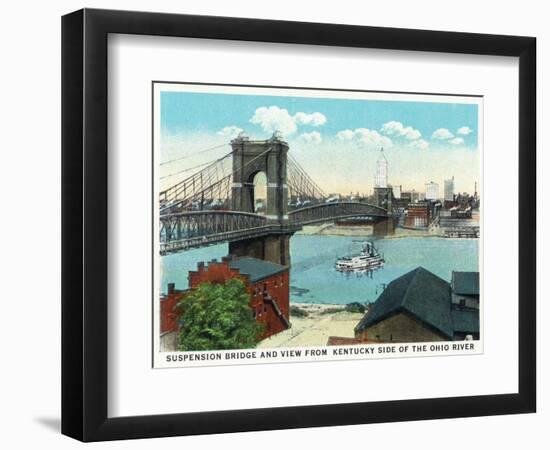 Cincinnati, Ohio - Ohio River, Suspension Bridge View from Kentucky-Lantern Press-Framed Art Print