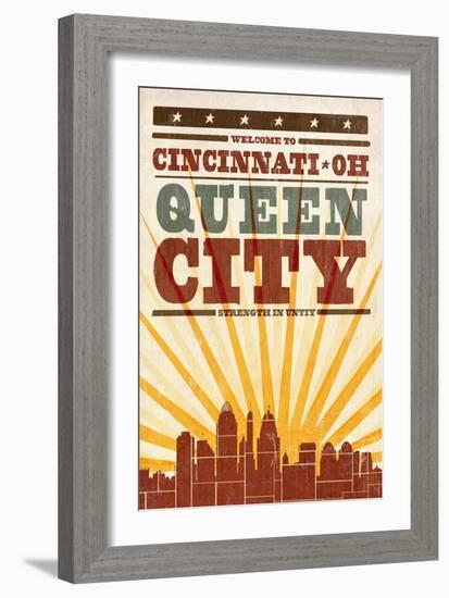 Cincinnati, Ohio - Skyline and Sunburst Screenprint Style-Lantern Press-Framed Art Print