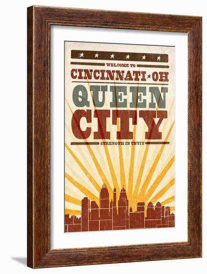 Cincinnati, Ohio - Skyline and Sunburst Screenprint Style-Lantern Press-Framed Art Print