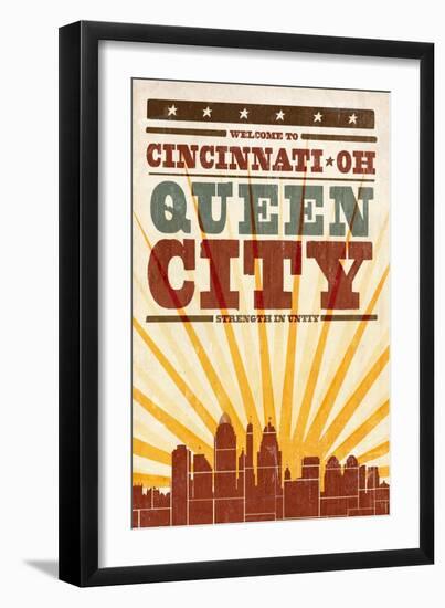 Cincinnati, Ohio - Skyline and Sunburst Screenprint Style-Lantern Press-Framed Art Print