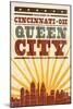 Cincinnati, Ohio - Skyline and Sunburst Screenprint Style-Lantern Press-Mounted Art Print