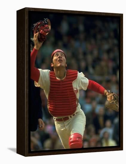 Cincinnati Reds Catcher Johnny Bench Catching Pop Fly During Game Against San Francisco Giants-John Dominis-Framed Premier Image Canvas