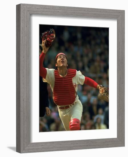 Cincinnati Reds Catcher Johnny Bench Catching Pop Fly During Game Against San Francisco Giants-John Dominis-Framed Premium Photographic Print