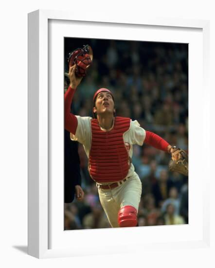 Cincinnati Reds Catcher Johnny Bench Catching Pop Fly During Game Against San Francisco Giants-John Dominis-Framed Premium Photographic Print