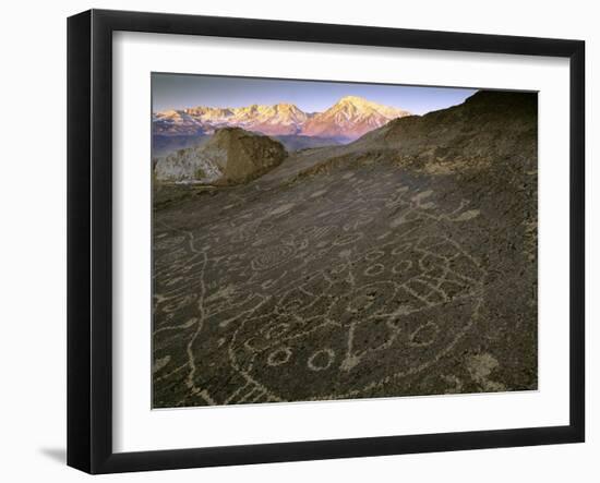 Circular Petroglyphs at the Edge of the Great Basin, Sierra Nevada Range in the Distance, Las Vegas-Dennis Flaherty-Framed Photographic Print