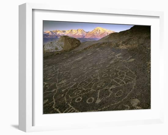 Circular Petroglyphs at the Edge of the Great Basin, Sierra Nevada Range in the Distance, Las Vegas-Dennis Flaherty-Framed Photographic Print