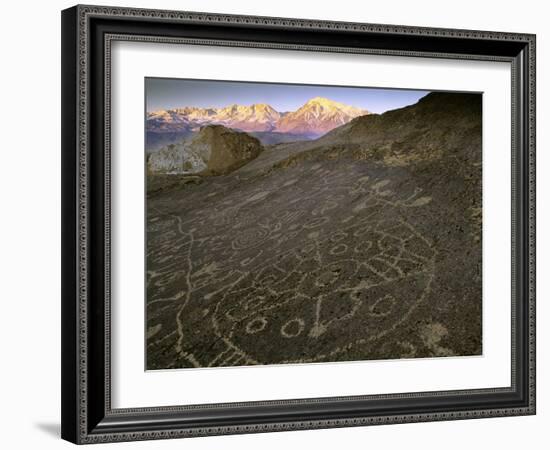 Circular Petroglyphs at the Edge of the Great Basin, Sierra Nevada Range in the Distance, Las Vegas-Dennis Flaherty-Framed Photographic Print