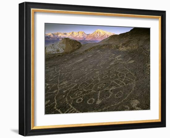 Circular Petroglyphs at the Edge of the Great Basin, Sierra Nevada Range in the Distance, Las Vegas-Dennis Flaherty-Framed Photographic Print