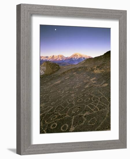 Circular Petroglyphs at the Edge of the Great Basin, Sierra Nevada Range in the Distance, Las Vegas-Dennis Flaherty-Framed Photographic Print