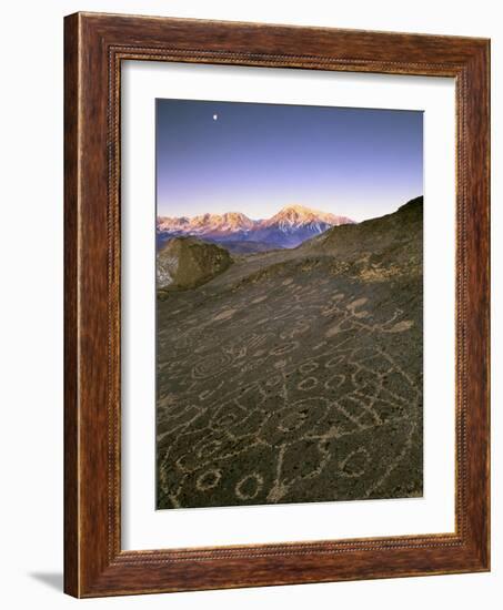 Circular Petroglyphs at the Edge of the Great Basin, Sierra Nevada Range in the Distance, Las Vegas-Dennis Flaherty-Framed Photographic Print