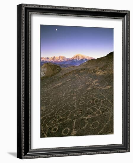 Circular Petroglyphs at the Edge of the Great Basin, Sierra Nevada Range in the Distance, Las Vegas-Dennis Flaherty-Framed Photographic Print